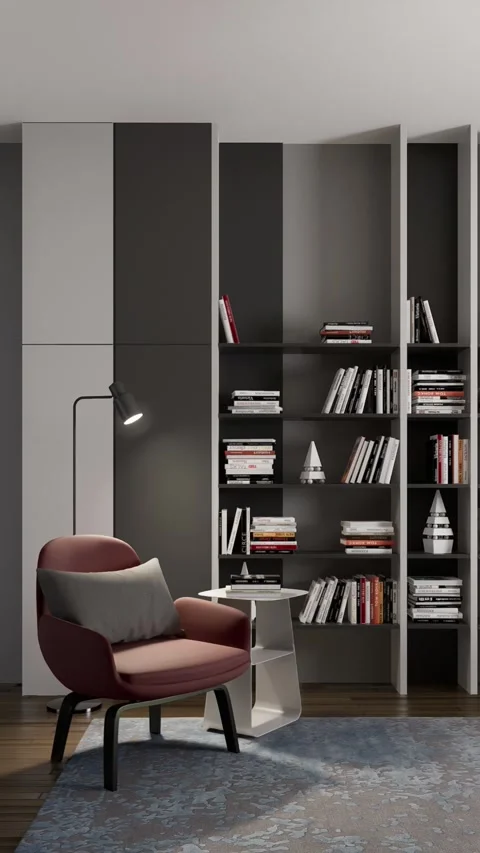 3D-render. Interior workspace with a small library and reading area. Stock Footage 265432633