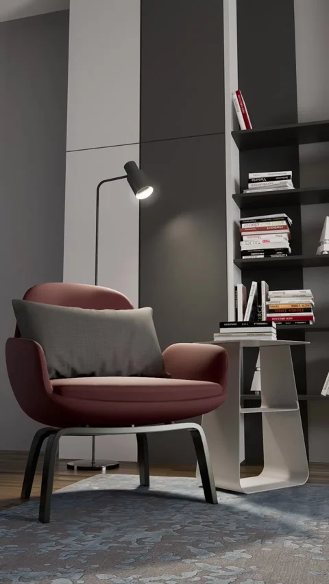 3D-render. Interior workspace with a small library and reading area. Stock Footage 265432664