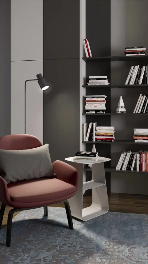 3D-render. Interior workspace with a small library and reading area. Stock Footage 265432828