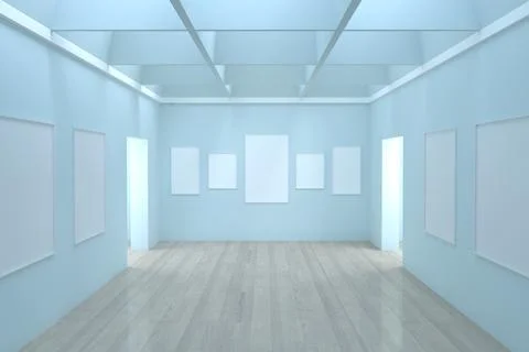 3d render of the interiors of a blue room with empty frames on the walls Stock Illustration