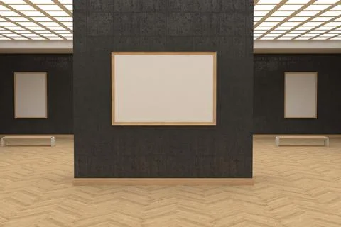 3d render of the interiors of a modern building with empty frames on the wall Stockillustratie