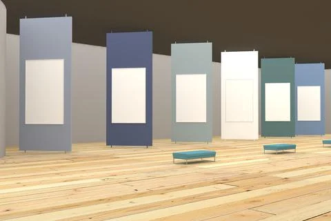 3d render of the interiors of a room with banners and frames and a wooden flo Stockillustratie