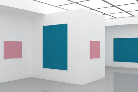 3d render of the interiors of a room with blue and pink frames on the walls Stock-Illustration