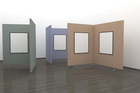 3d render of the interiors of a room with empty frames on the colorful banner Stockillustratie