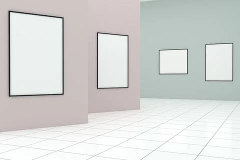 3d render of the interiors of a room with empty frames on the walls Stock Illustration