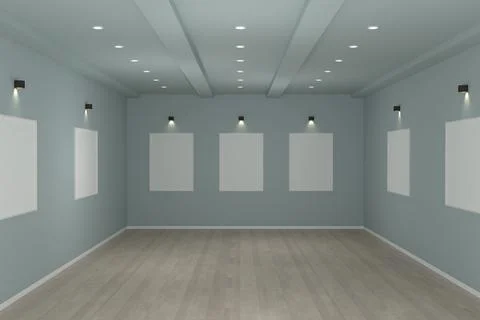 3d render of the interiors of a room with empty frames on the grey walls Stock Illustration