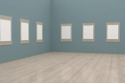 3d render of the interiors of a room with empty frames on the blue walls Stock Illustration