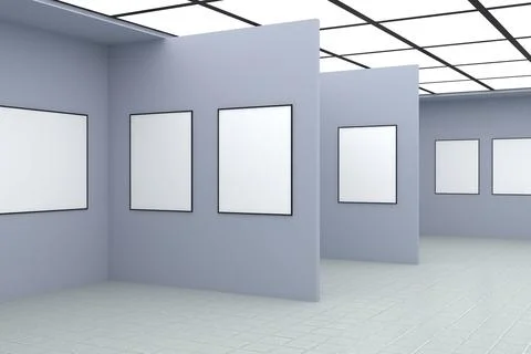 A 3d render of the interiors of a room with frames on the walls with a glass  Stock-Illustration