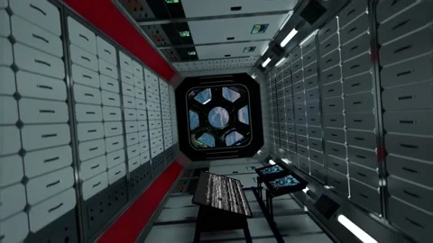 3d render of International Space Station Interior. Narrow corridor of ISS.  Stock Footage 131950069