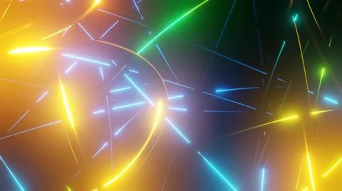 3d render. intersection of wire with multicolor neon glow on faces crossing each Ilustração Stock