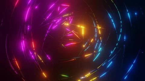 3d render. intersection of wire with multicolor neon glow on faces crossing each Illustrazione stock