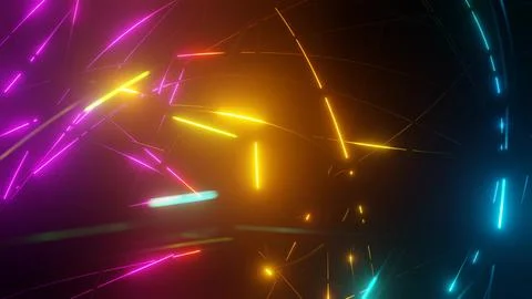 3d render. intersection of wire with multicolor neon glow on faces crossing each Illustrazione stock