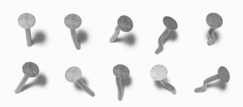 3d render iron nails hammered in wall, straight and bent metal hardware spikes Ilustração Stock