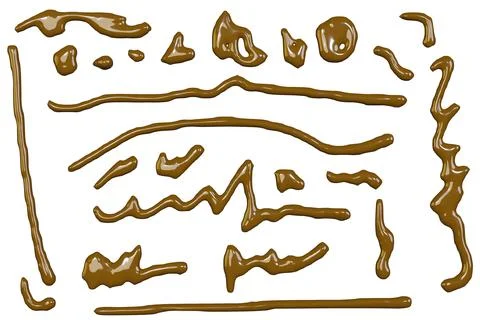 3d render of isolated chocolate liquid drips and droplet for gourmet packag.. Stock Photos