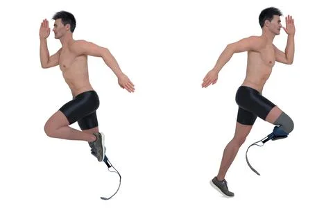 3D Render : isolated a running man with prosthesis leg, isolated Stock Illustration