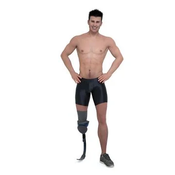 3D Render : isolated a smiling man with prosthesis leg, isolated Illustrazione stock