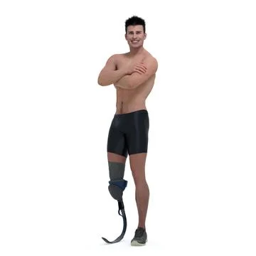 3D Render : isolated a smiling man with prosthesis leg, isolated Stock Illustration