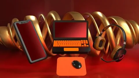 3D Render Isolated technology, laptop, smartphone, spiral line Stock Illustration