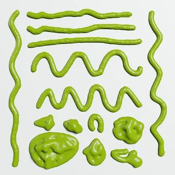 3d render of isolated wasabi swirl and line spatter or stains on white top .. Stock Illustration