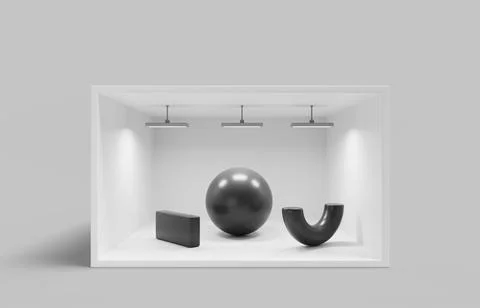 3d render isometric art gallery or museum showroom with modern exhibit of black Illustrazione stock