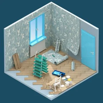 3d render isometric low poly home room renovation. Illustrazione stock