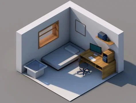 3D Render isometry of a living room with a table, computer, chair, pedestal Stock Illustration
