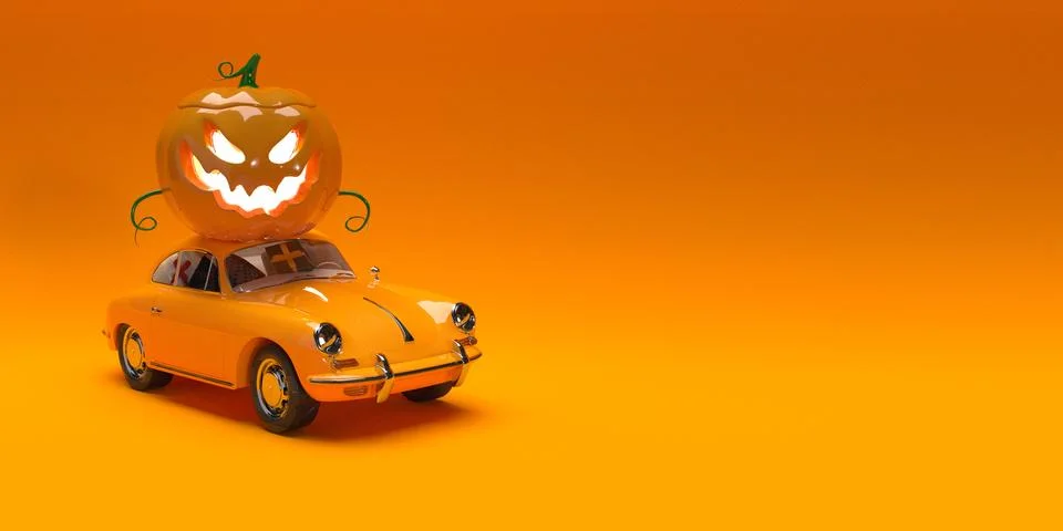 3d render. Jack O' Lantern on orange toy car on orange background. Halloween Stock Photos
