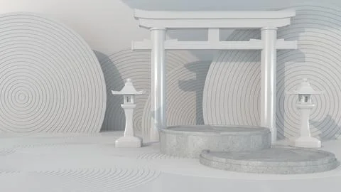 3D render Japanese gateway Torii and grey podium on White background for pr.. Stock Illustration