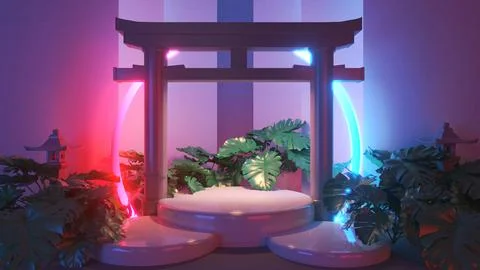 3D render Japanese gateway Torii white podium on light Glow Circle backgrou.. Stock Illustration
