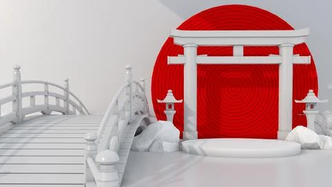 3D render Japanese gateway Torii white podium on Red Circle background for .. Stock Illustration