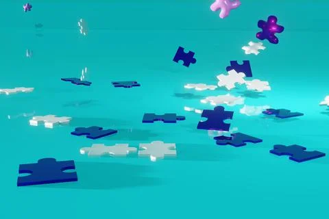 3d render of jigsaw puzzle pieces inflating and floating up Stock Illustration