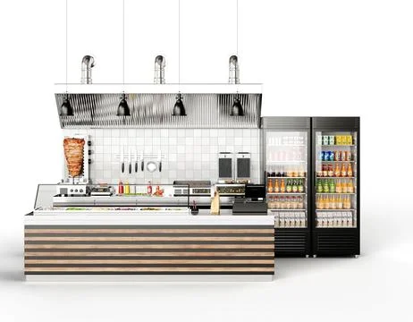 3D render of a kebab doner shop kitchen design with a beverage fridge Illustrazione stock