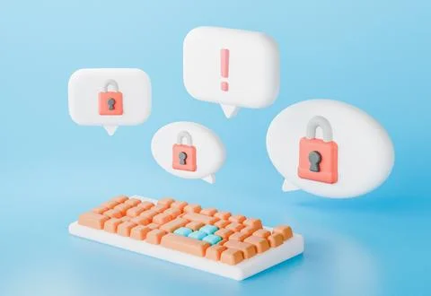3D render of keyboard and speech bubbles with padlocks Stock Illustration
