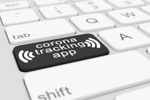 3d render of a keyboard with a black key - corona tracking app Illustrazione stock