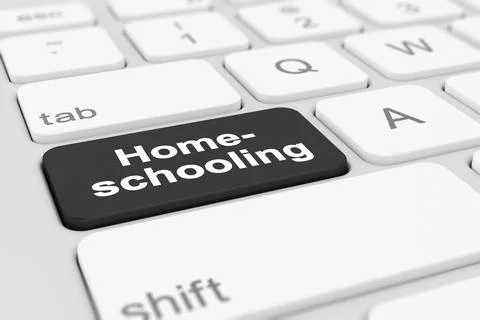 3d render of a keyboard with a black key - Homeschooling Illustrazione stock