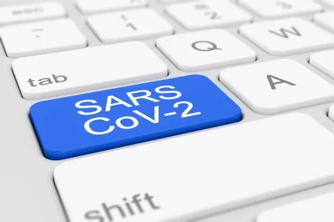 3d render of a keyboard with a blue key - SARS-CoV-2 스톡 일러스트