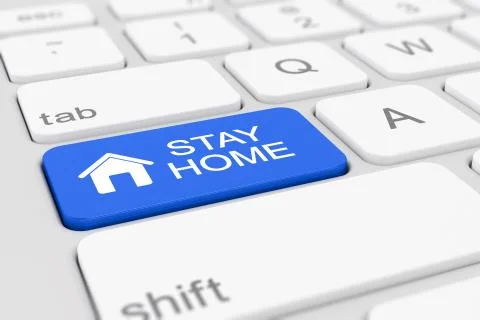 3d render of a keyboard with a blue key - stay home 스톡 일러스트