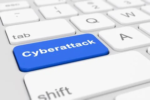 3d render of a keyboard with a blue key - cyberattack Stock Illustration