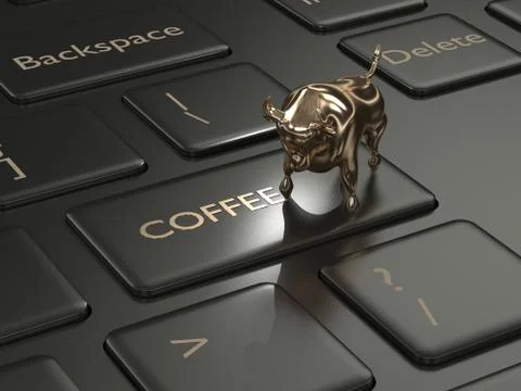 3d render of keyboard with coffee button and bull Stock Photos