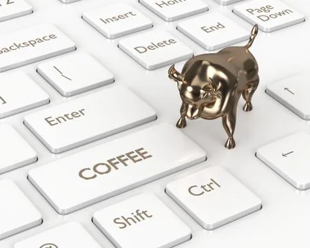 3d render of keyboard with coffee button and bull Stock Photos