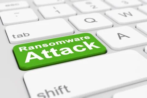 3d render of a keyboard with a green key - ransomware attack Stock Illustration
