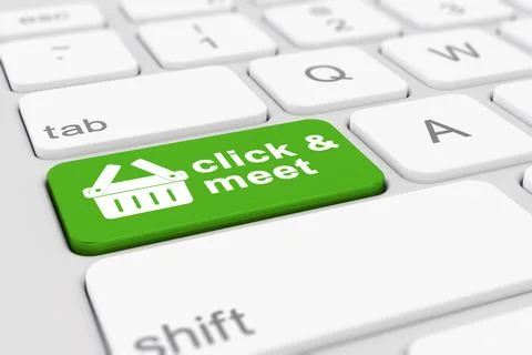 3d render of a keyboard with a green key - click and meet 스톡 일러스트