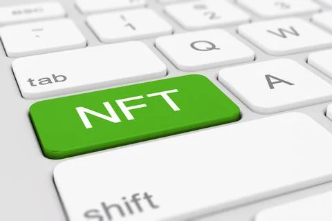 3d render of a keyboard with green NFT button. Stock Illustration