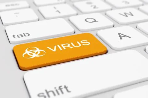 3d render of a keyboard with an orange key - virus Illustrazione stock