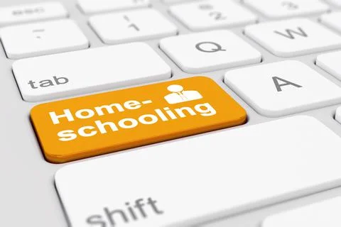 3d render of a keyboard with a orange key - Homeschooling 스톡 일러스트