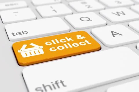 3d render of a keyboard with a orange key - click and collect 스톡 일러스트