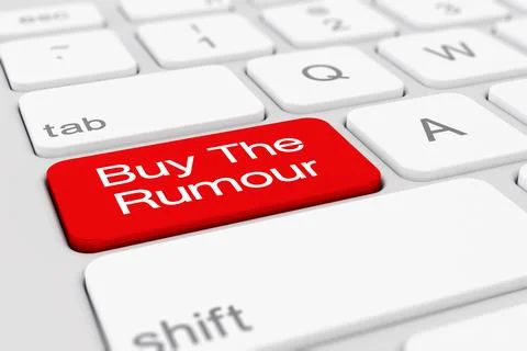3d render of a keyboard with red buy the rumour button. Stock Illustration