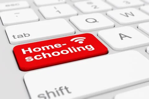 3d render of a keyboard with a red key - Homeschooling 스톡 일러스트