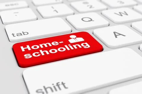 3d render of a keyboard with a red key - Homeschooling Stockillustratie