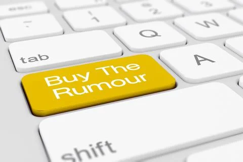 3d render of a keyboard with yellow buy the rumour button. Stock Illustration